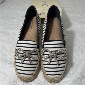 ON 34TH Navy and White Striped Espadrilles with Rhinestone Bow Women’s